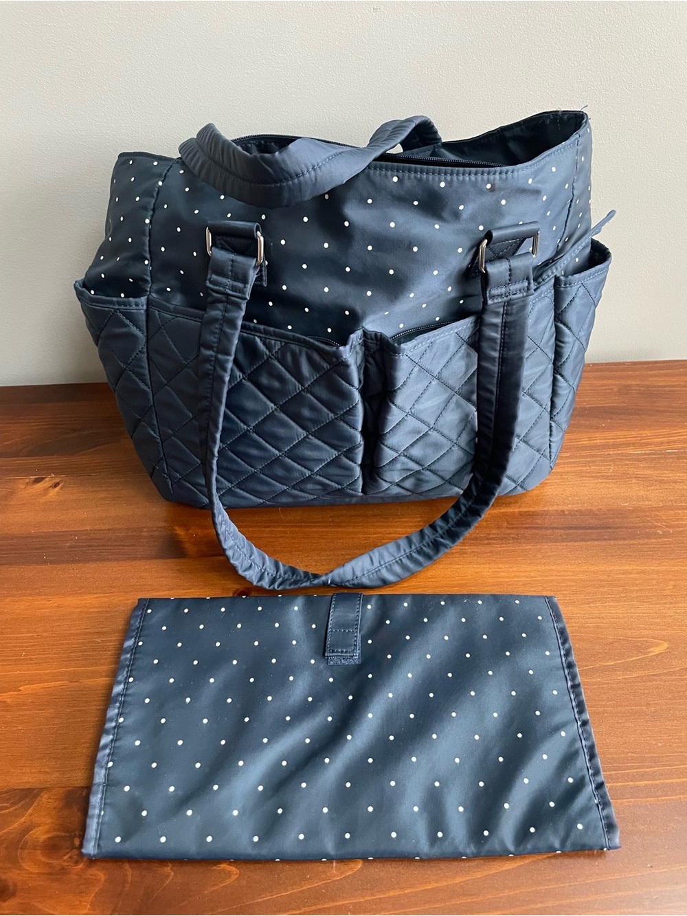 Little Wonders Navy Polka Dot Quilted Tote with Matching Changing Pad
